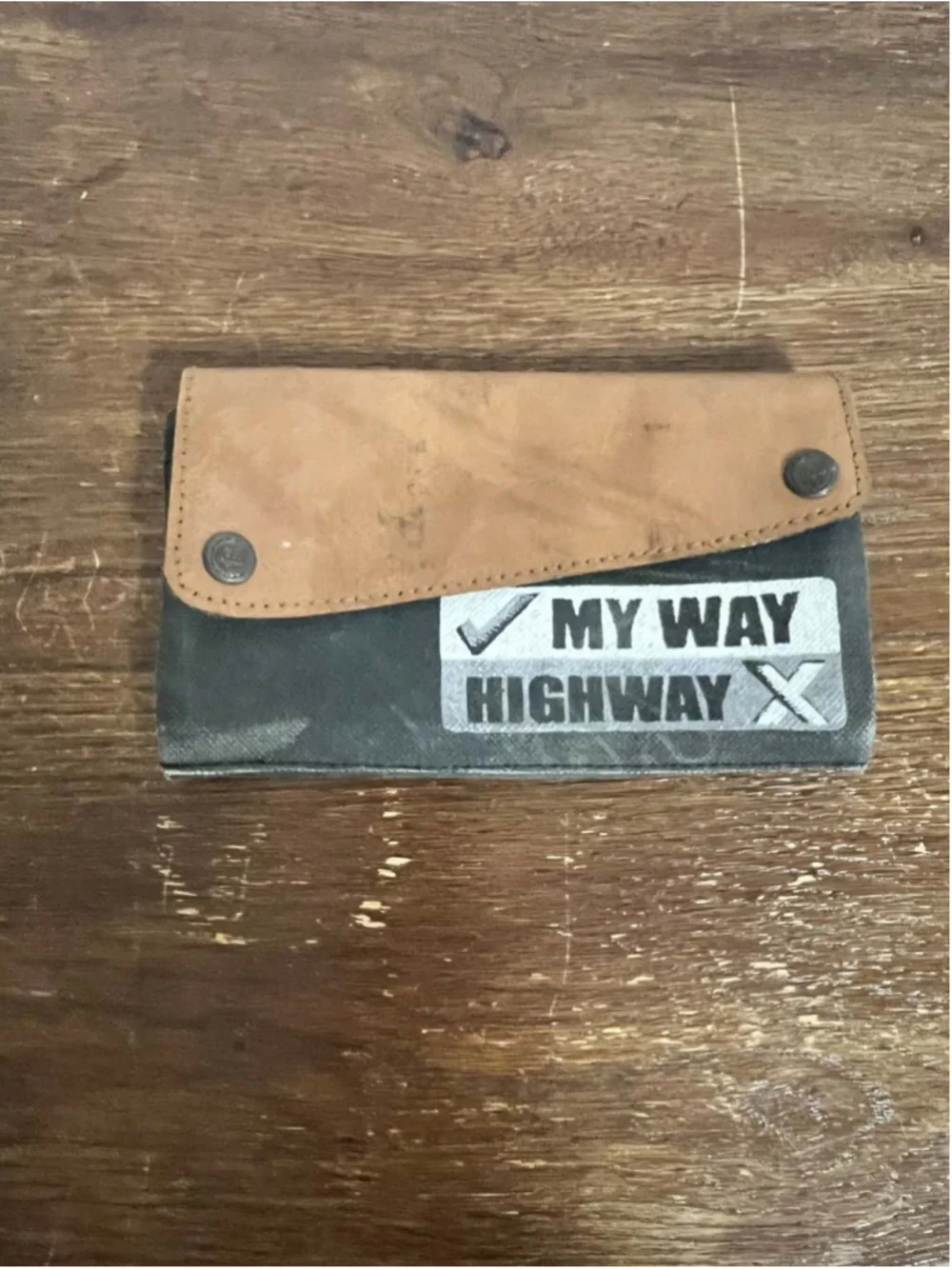 Mona B Upcycled Canvas & Leather Wallet My Way Highway Slogan Trifold Clutch Bag